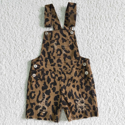 SS0018 Girls Leopard Denim Short Overalls