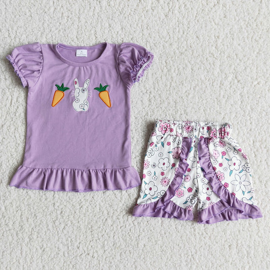 E6-20 Easter Girls Embroidered Bunny Carrot Ruffle Shorts Outfit