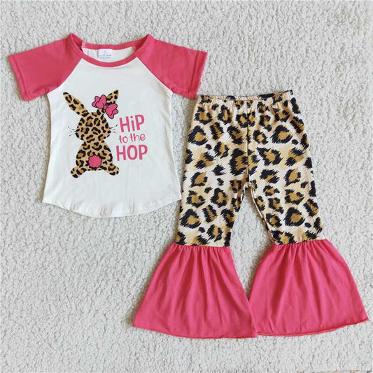 D7-17 Easter Rabbit Baby Girls Outfits Pink Bow Bunny Leopard Bell