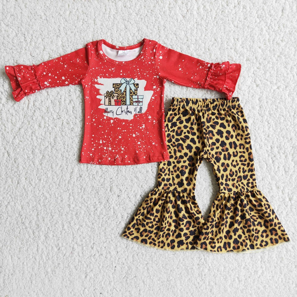 6 A26-12 Merry Christmas Y'all Girls Gift Leopard Bell Outfit