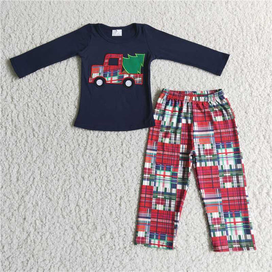6 A16-15 Boys Embroidered Truck Christmas Tree Plaid Pajamas