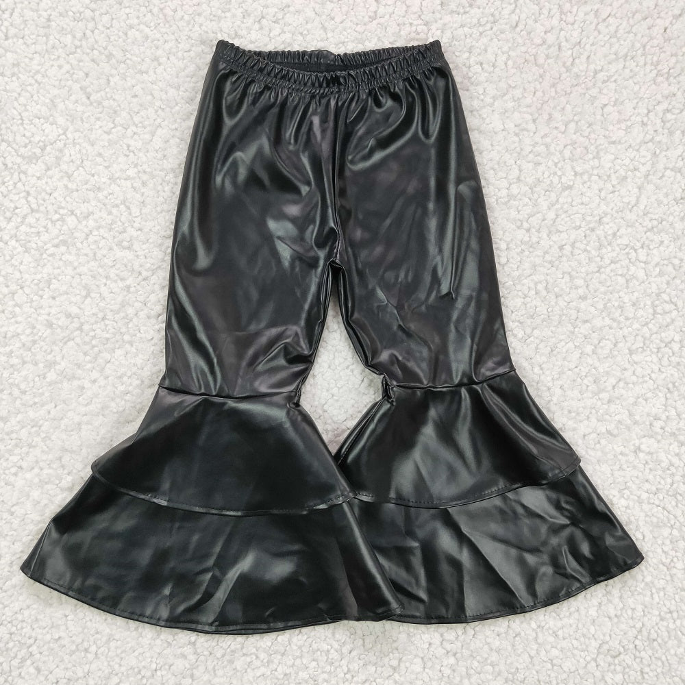 P0034 Girls Leather Black Bell Bottom