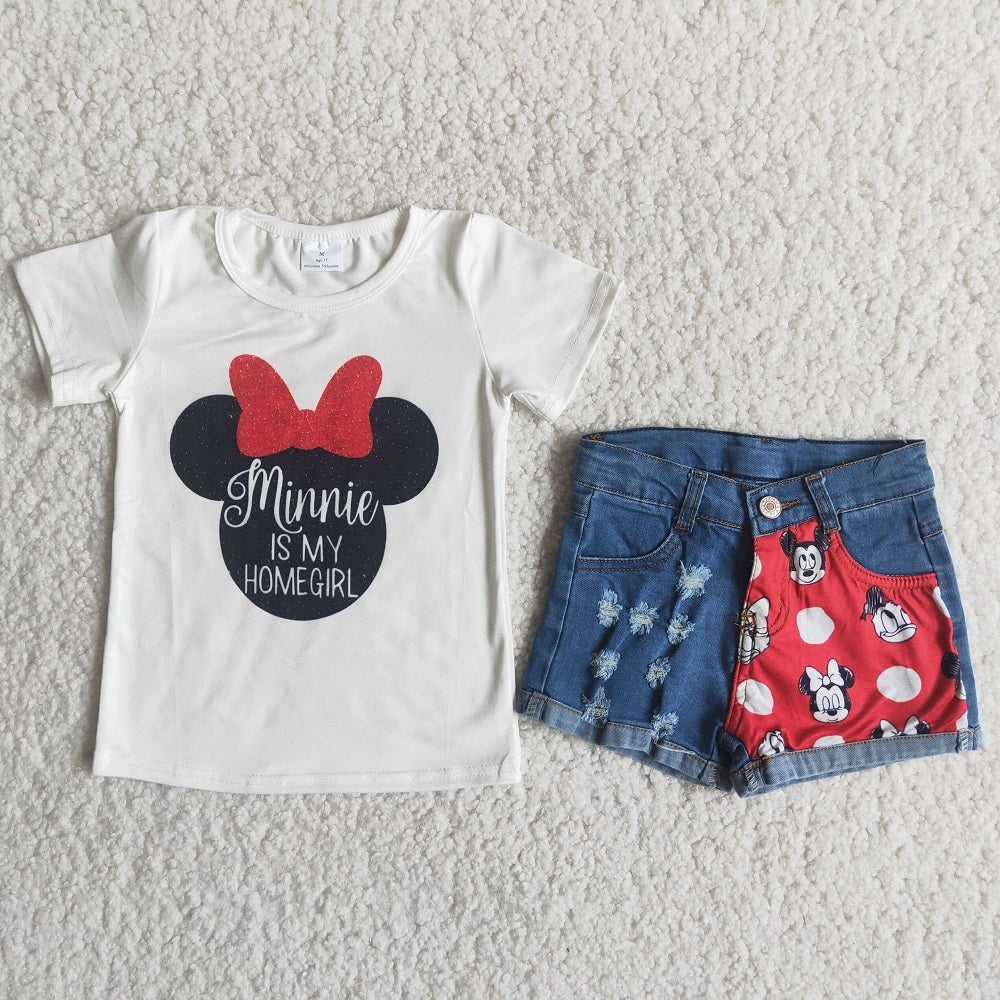 C15-19 Girls Cartoon Bow Denim Shorts Outfit
