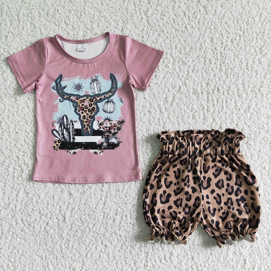 GSSO0089 Girls Cow Cactus Leopard Shorts Outfit