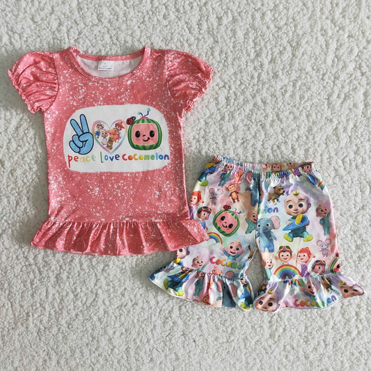 C6-24 Baby Girls Peace Love Cartoon Watermelon Puff Sleeve Shorts Outfit