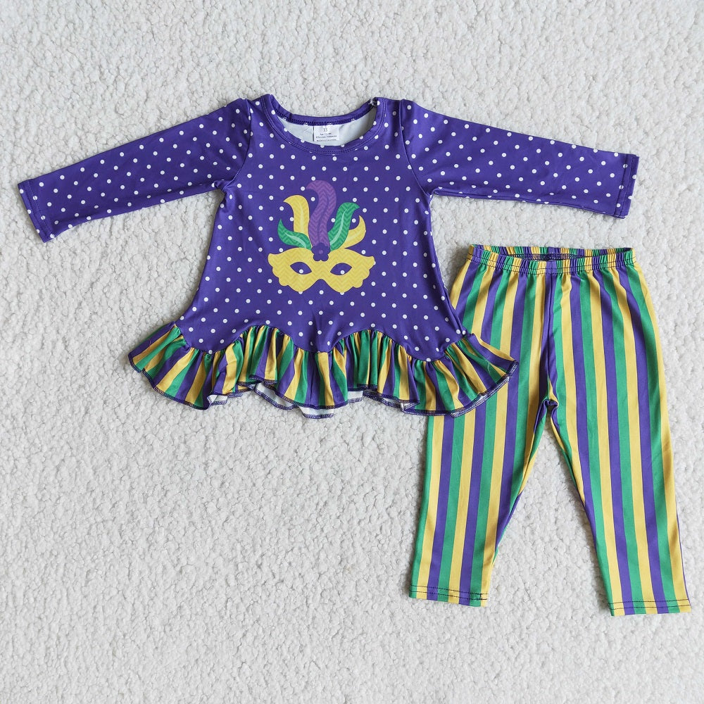 6 A27-20 Mardi Gras Baby Girls Ruffle Feather Striped Leggings Outfits