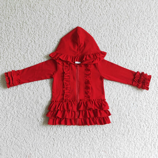 GT0019 Girl Red Zipper Ruffle Hooded Jackets