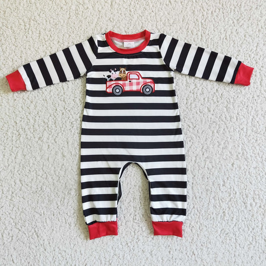 LR0015 / LR0016 Sibling Baby Embroidered Farm Cow Horse Truck Striped Romper