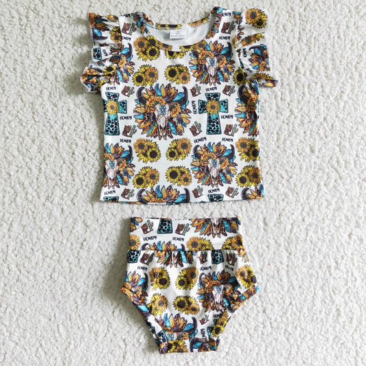 GBO0047 Baby Sunflower Cow Cactus Cross Ruffle Bummies Outfit