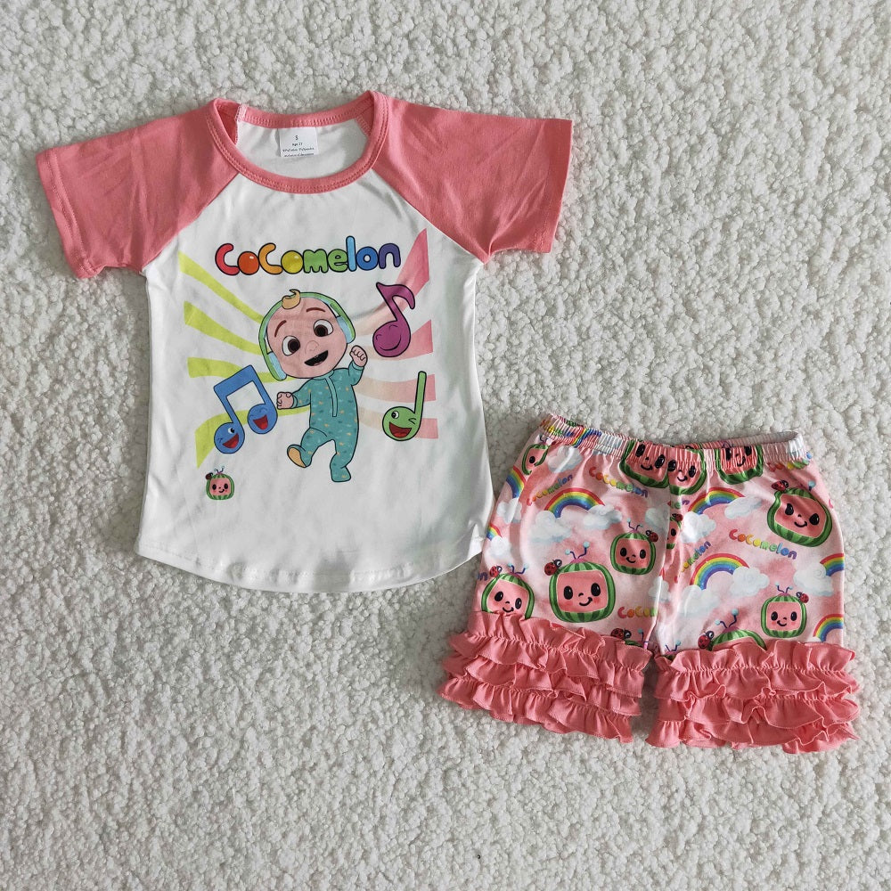 B12-22 Baby Girls Music Cartoon Watermelon Icing Shorts Outfit