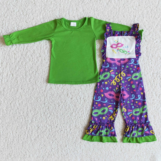 6 A28-19 Mardi Gras Baby Girls Green Shirts Overalls 2 Pieces Outfits