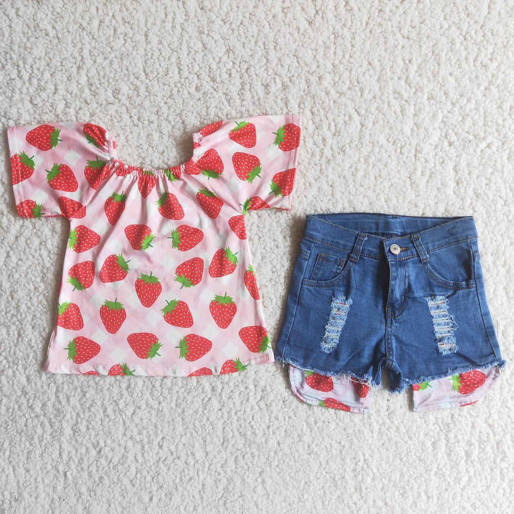 D8-29 Girls Strawberry Denim Shorts Outfit