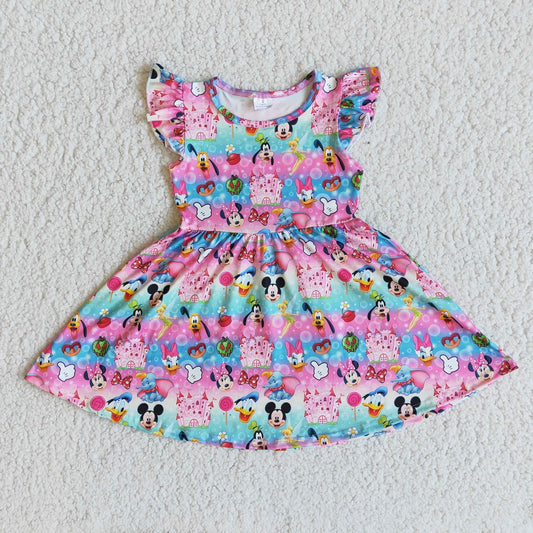 Aa-12 Girls Flutter Sleeve Pink Cartoon Castle Dress