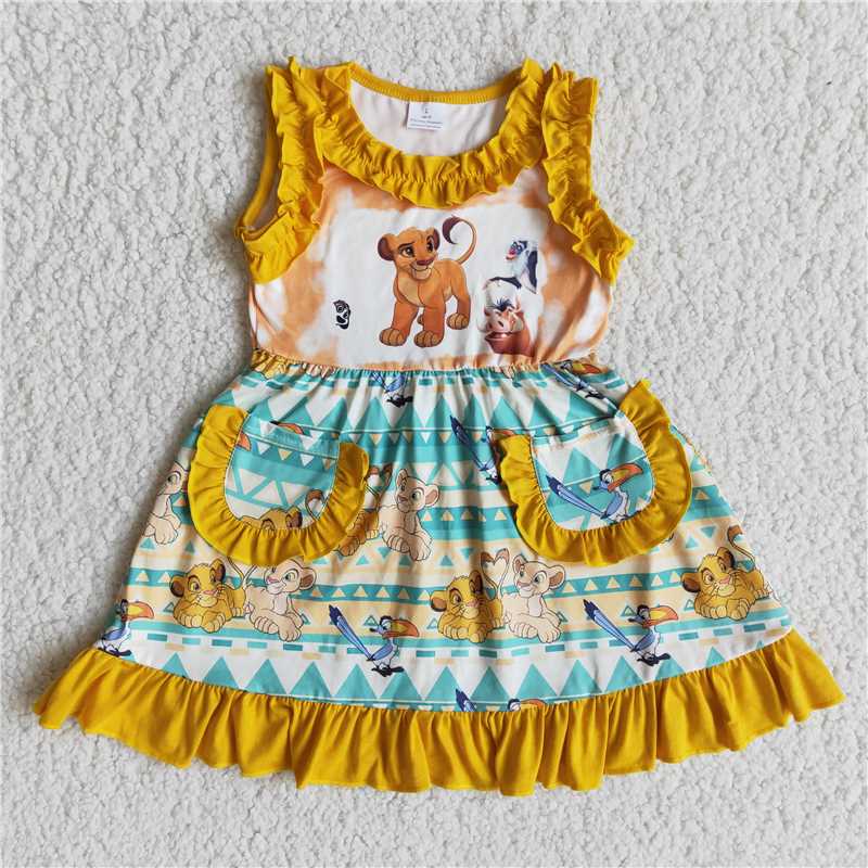 E13-5 Girls Sleeveless Pockets Lion Dress