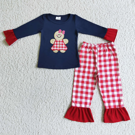 GLP0034 Girls Embroidered Gingerbread Plaid Pajamas