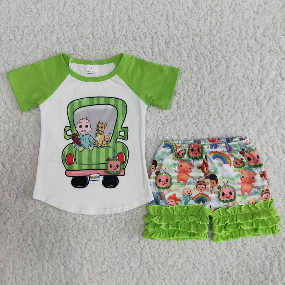 B9-12 Baby Girls Car Cartoon Watermelon Raglan Shirts Shorts Outfit