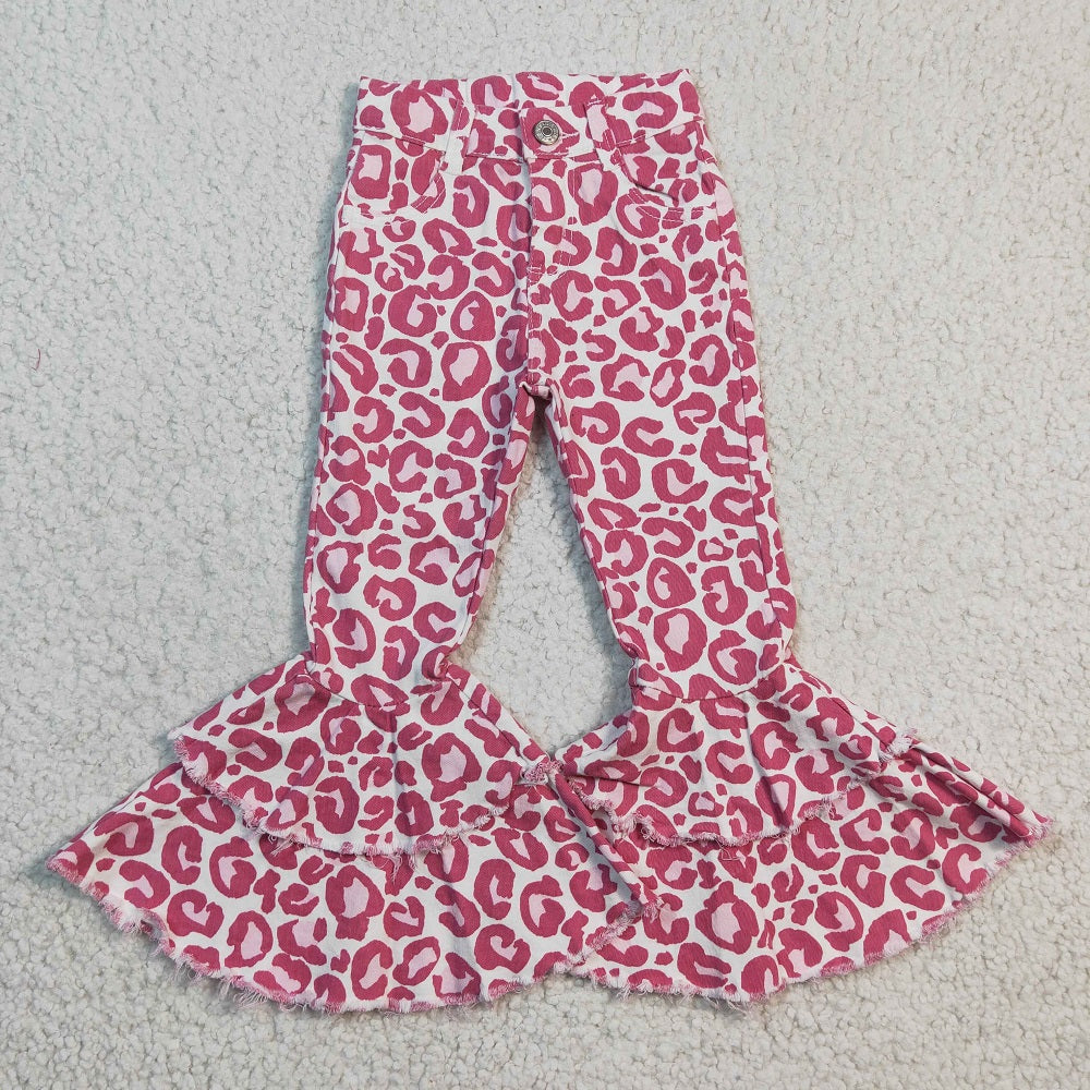 P0044 Girl Double Layer Pink Leopard Bell Jeans