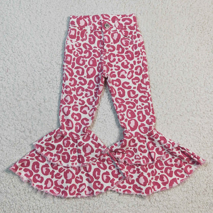 P0044 Girl Double Layer Pink Leopard Bell Jeans