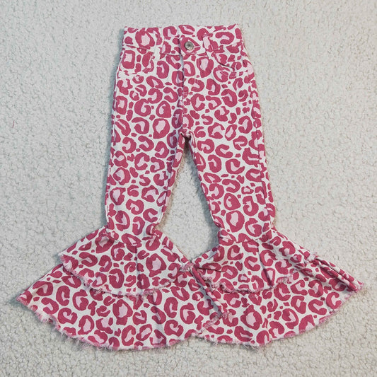 P0044 Girl Double Layer Pink Leopard Bell Jeans