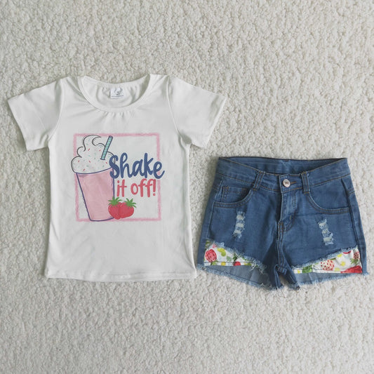 D8-17 Girls Ice Cream Strawberry Shake It Off Denim Shorts Outfit