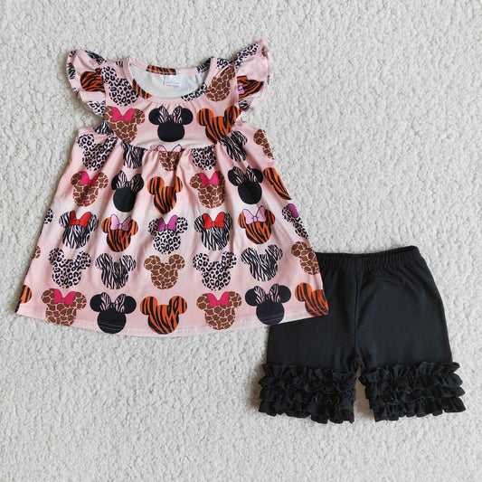 B1-4 Baby Girls Leopard Bow Cartoon Flutter Sleeve Shorts Outfit