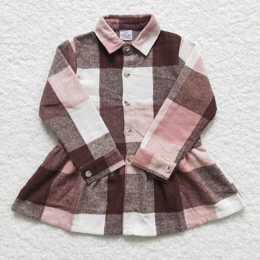 GT0090 Girls Pink Brown Plaid Ruffle Flannel Button Shirt