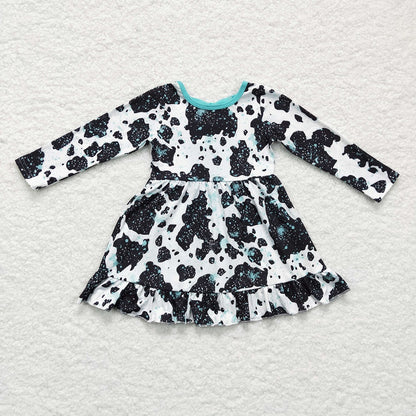 GLD0128 Girl Cow Bow Long Sleeve Dress