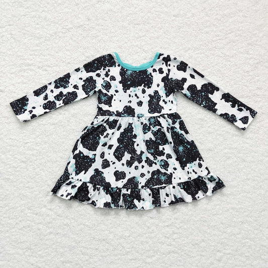 GLD0128 Girl Cow Bow Long Sleeve Dress