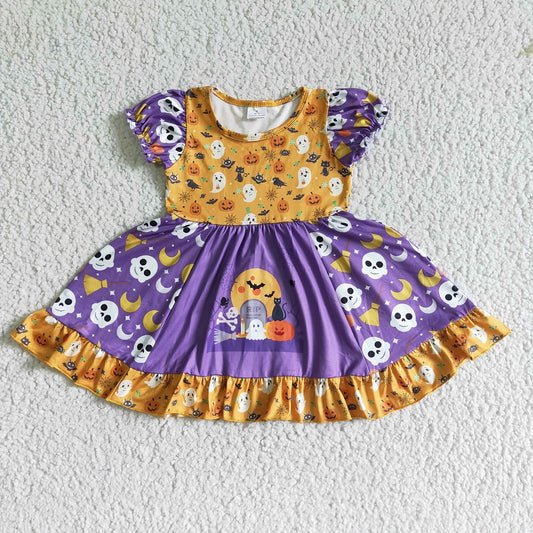GSD0125 Halloween Girls Skull Ghost Pumpkin Twirl Dress