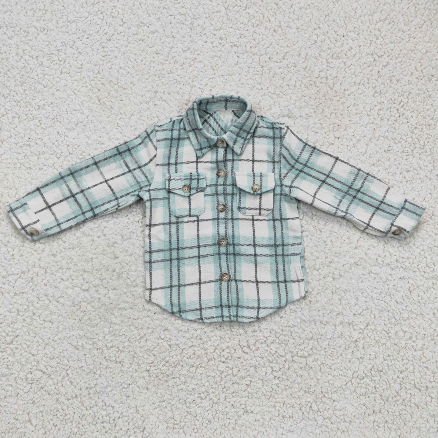 BT0169 Boys Sky Blue Plaid Pockets Flannel Button Shirt