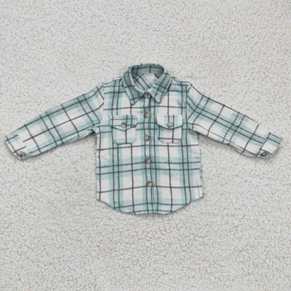 BT0169 Boys Sky Blue Plaid Pockets Flannel Button Shirt