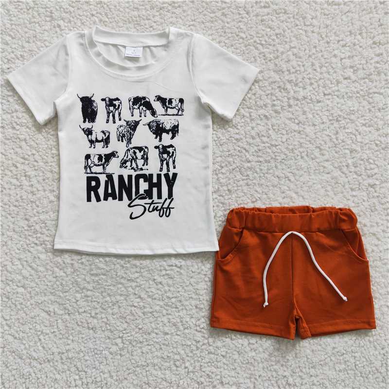 BSSO0191 Boys RANCHY Cow White Short Sleeve Brown shorts