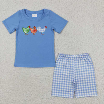 BSSO0201 Boys Embroidery Cock Blue Short sleeve plaid shorts cover