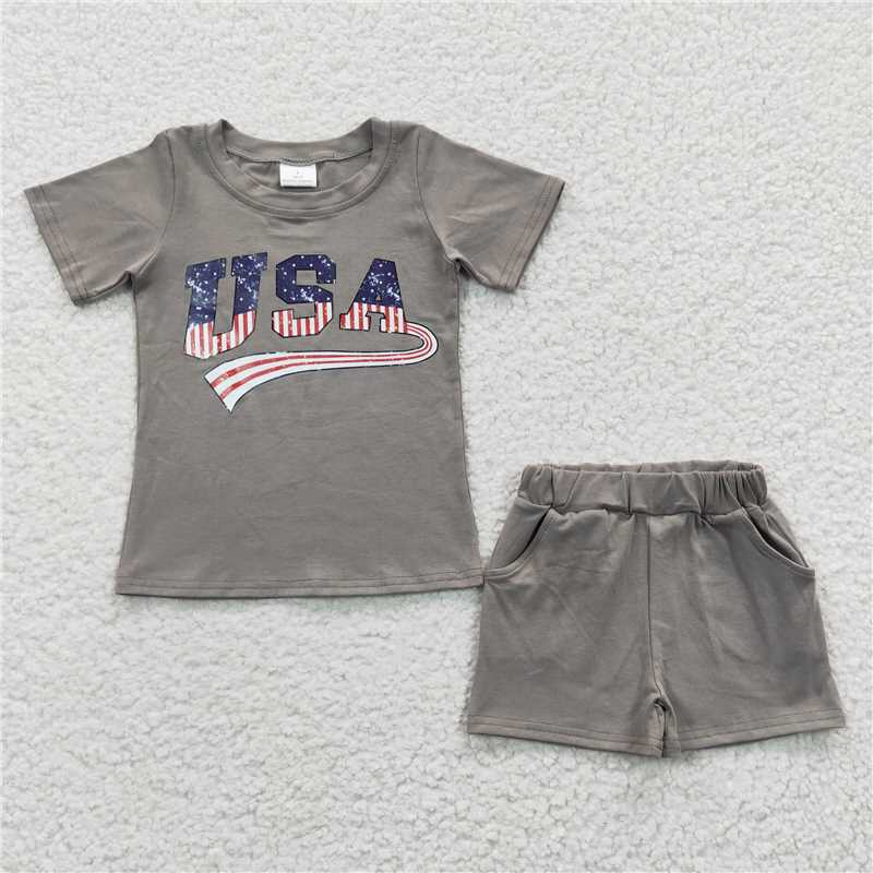 BSSO0202 Boys National Day Offset Print USA Short Sleeve shorts set grey