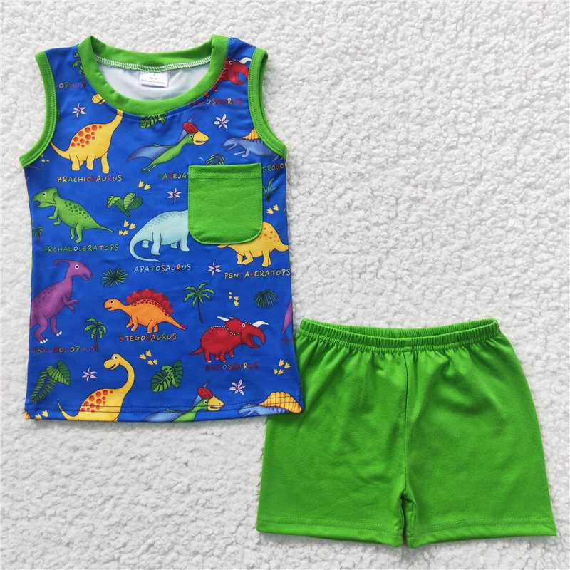 BSSO0234 Boys Colorful Dinosaur Green Pocket sleeveless Shorts suit