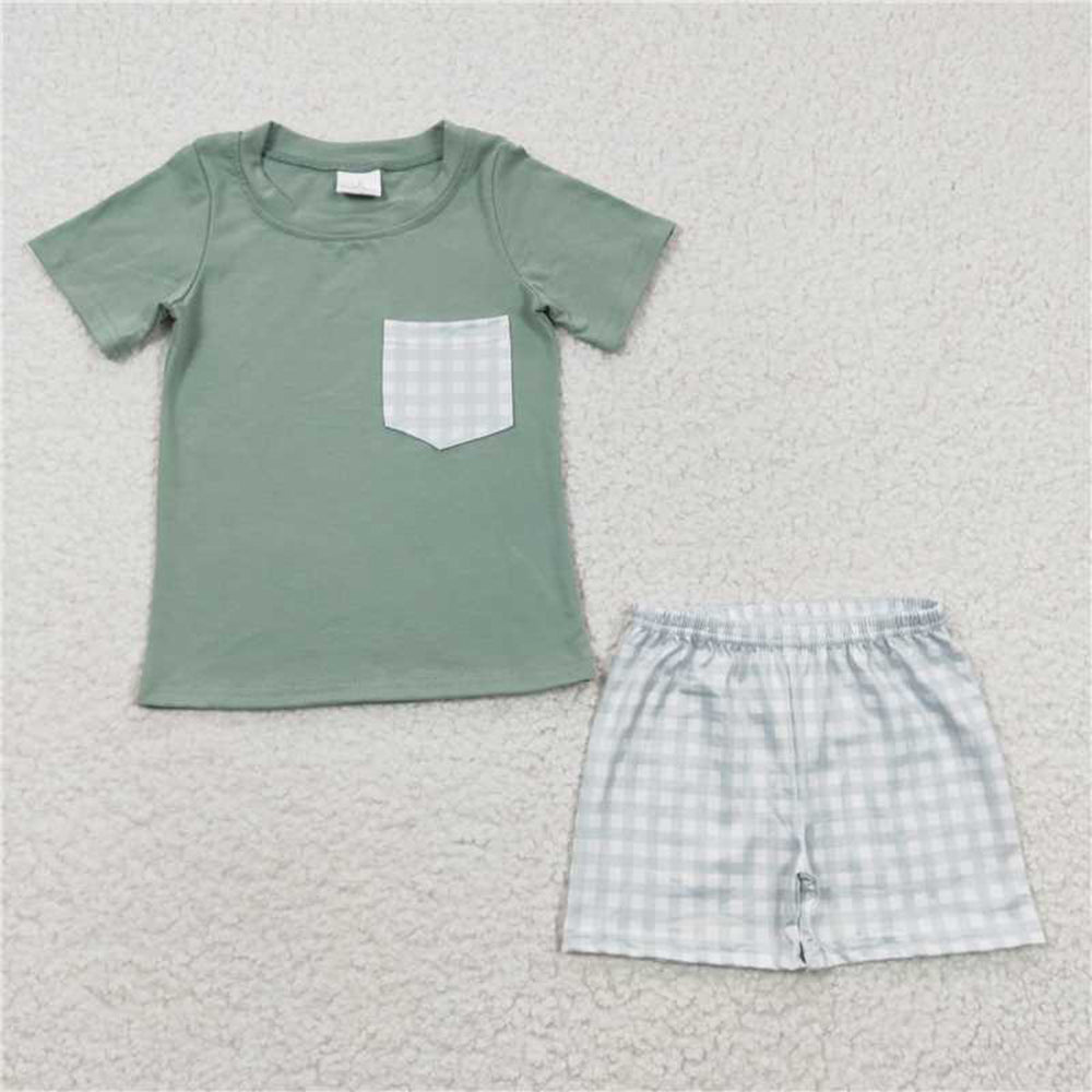 BSSO0236 Grass Green Pocket Short Sleeve plaid Shorts Suit