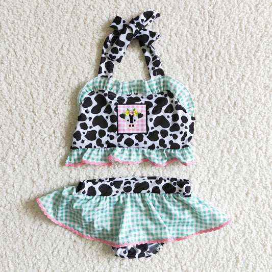 S0005 Girls Embroidered Cow Swimsuit