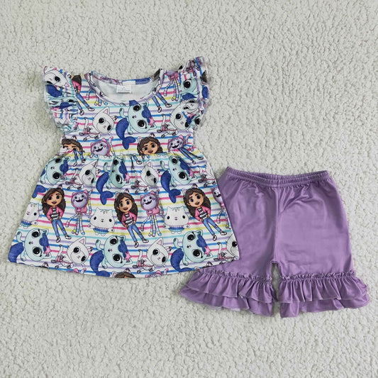 GSSO0068 Girls Purple Cat Shorts Outfits