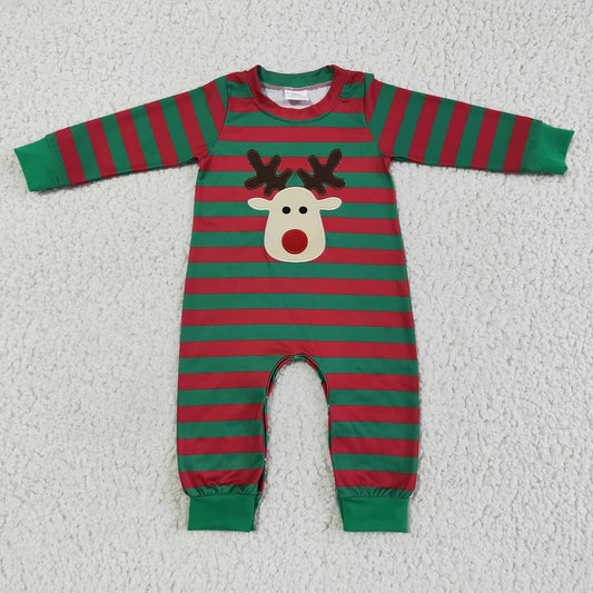 LR0028 Christmas Boys Embroidered Deer Striped Long Sleeve Romper