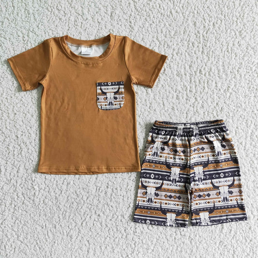 BSSO0073 Boys Brown Cow Shorts Outfit