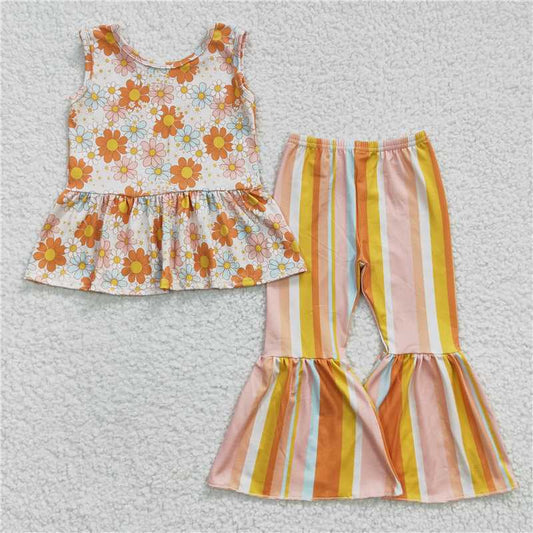 GSPO0508 /GSPO0509 Girls Orange Flower Sleeveless Colorful Striped Pants Suit