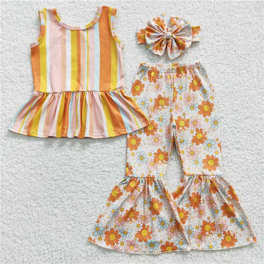 GSPO0508 /GSPO0509 Girls Orange Flower Sleeveless Colorful Striped Pants Suit