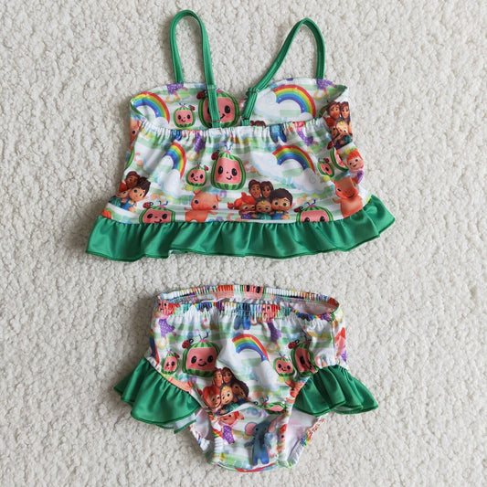E11-20 Summer Baby Girls Rainbow Green Cartoon Watermelon Swimsuit