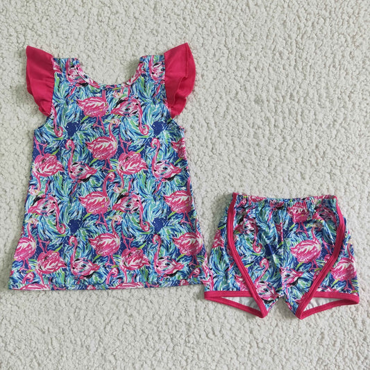 GSSO0100 Girls Flamingo Bow Shorts Outfit