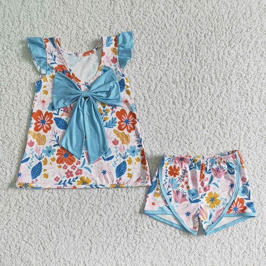 GSSO0098 Girls Floral Blue Shorts Outfit