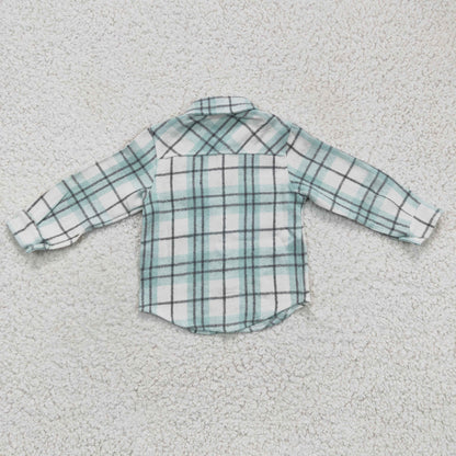BT0169 Boys Sky Blue Plaid Pockets Flannel Button Shirt