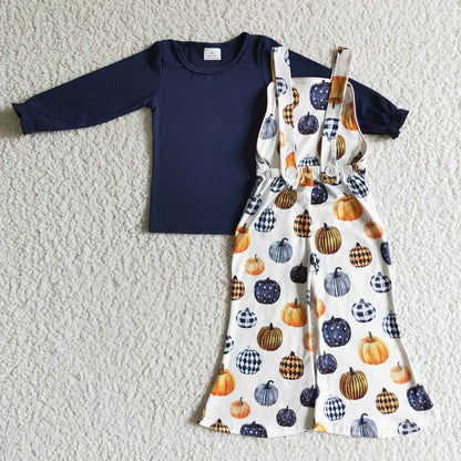 GLP0183 Fall Girl Pumpkin Navy Long Sleeve Overalls