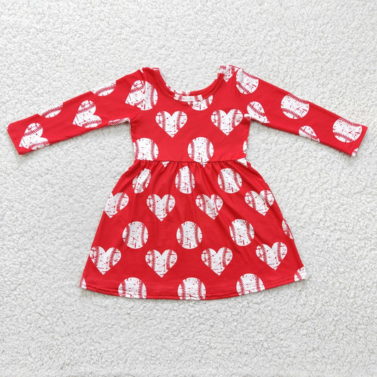 GLD0165 Valentine Girl Red Love Heart Baseball Long Sleeve Dress