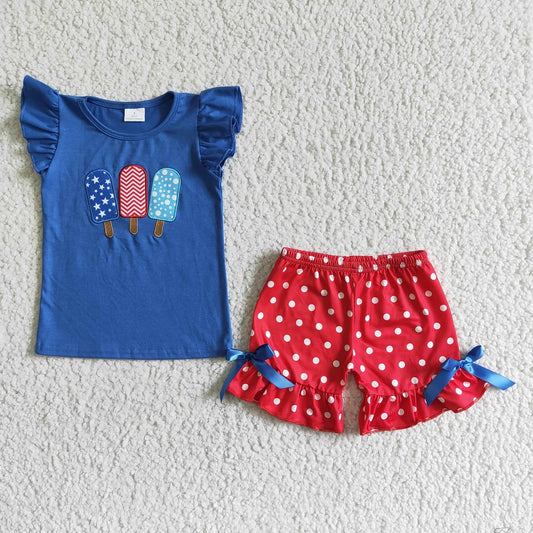 GSSO0090 The 4th Of July Girls Popsicle Embroidered Shorts Outfit