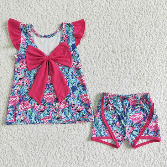 GSSO0100 Girls Flamingo Bow Shorts Outfit